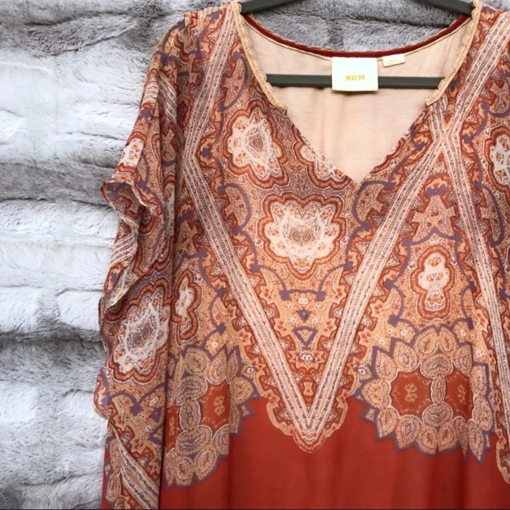 Anthropologie Boho Paisley V-Neck Blouse in Rust and Cream